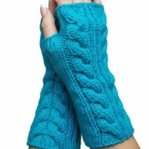 Turquoise HandKnit Fingerless Gloves Mittens Product of Canada